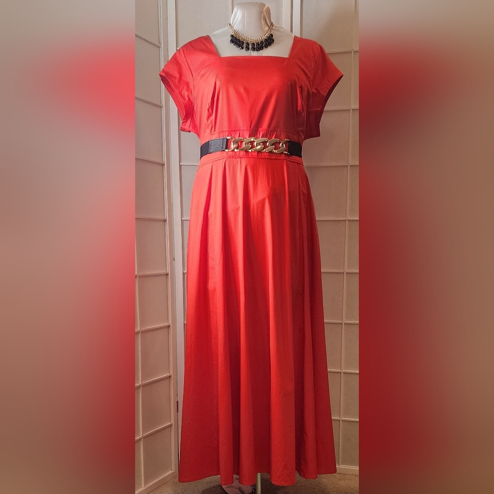 Red Plus Sz Maxi, Square Neck, Cap Sleeves,  2 Pockets Flowy Dress